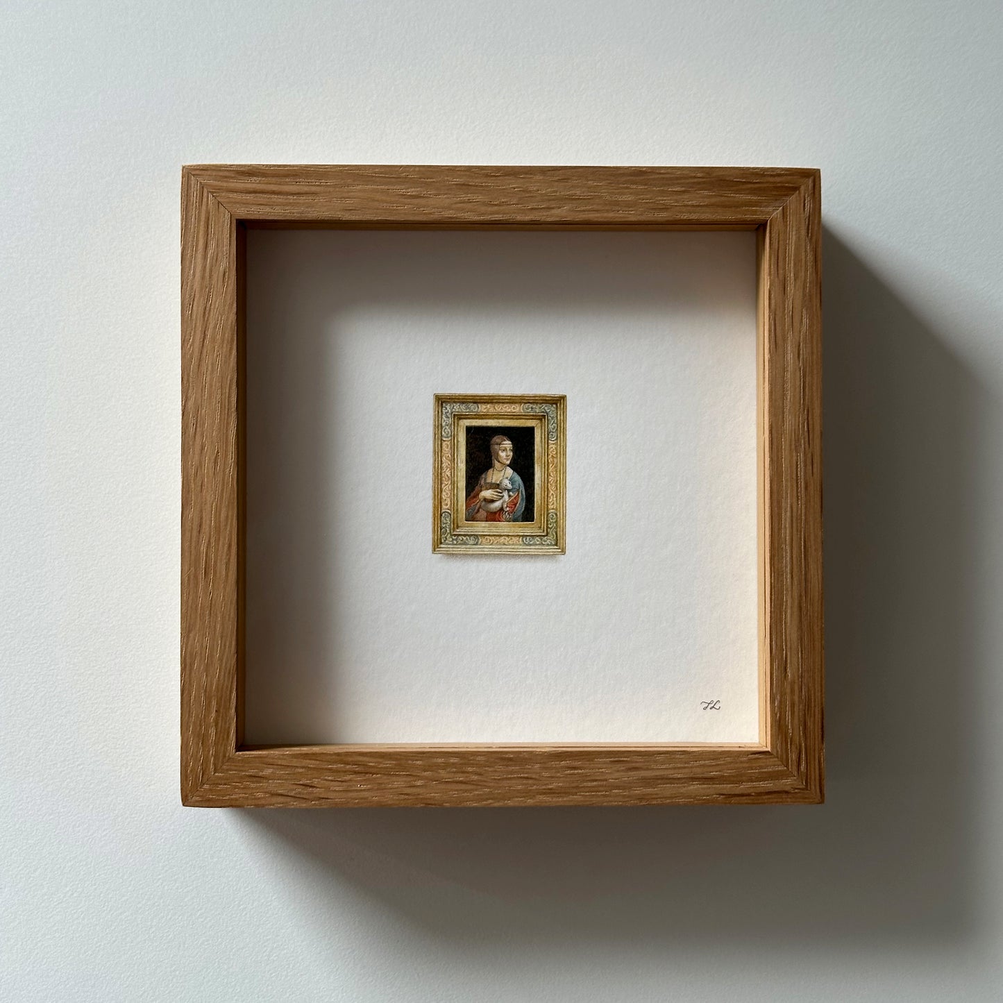 Framed original watercolor miniature painting. Lady with an Ermine