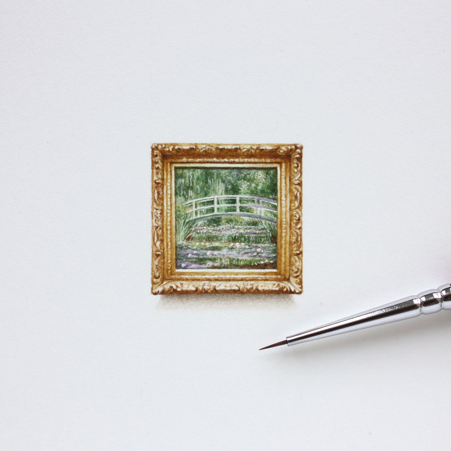 Water Lilies and the Japanese bridge. Print from original watercolor miniature painting