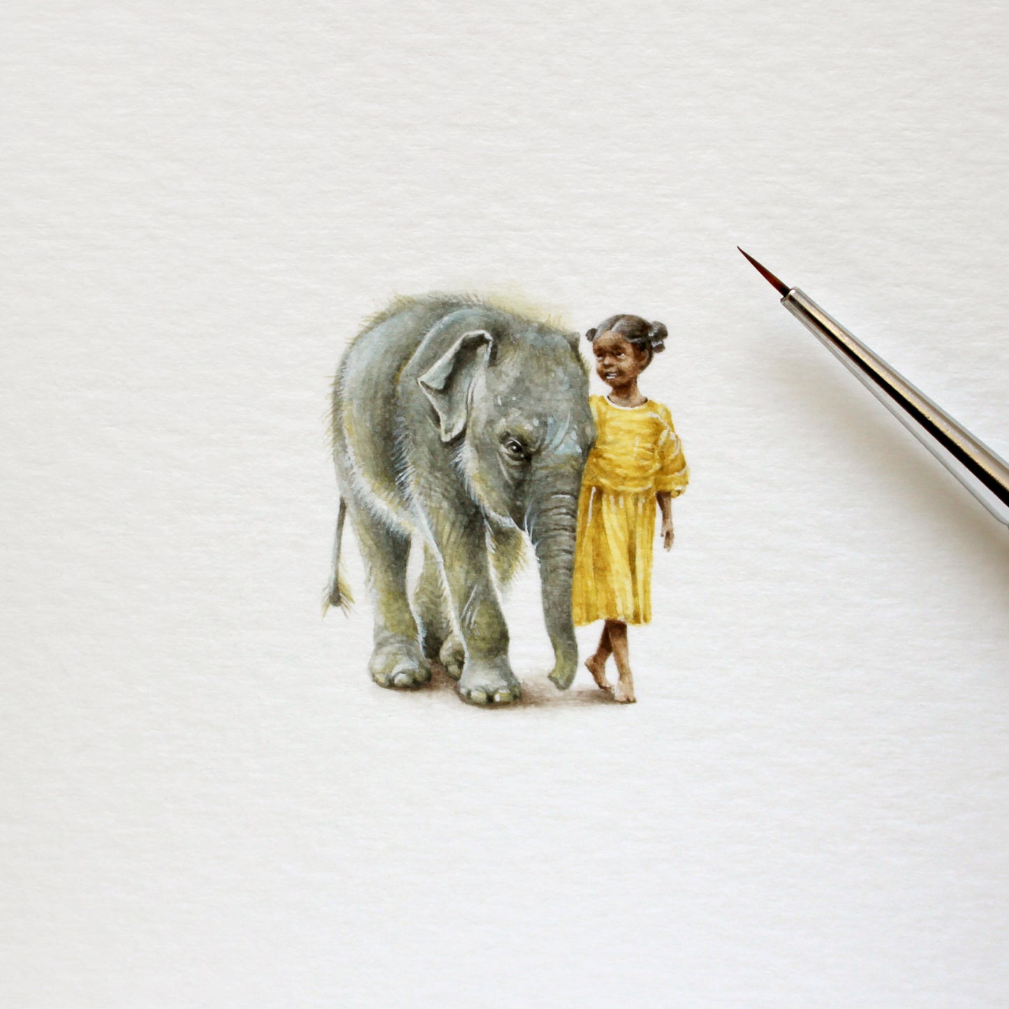 Elephant & Girl. Print from original watercolor miniature painting