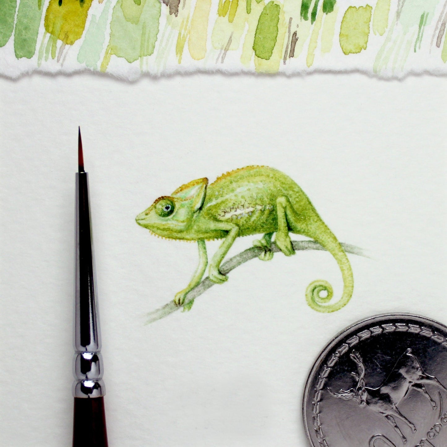 Chameleon. Print from original watercolor miniature painting